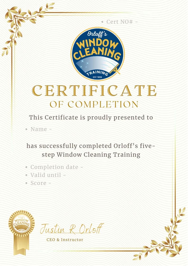 The Orloff certificate of completion for the five-step window cleaning training