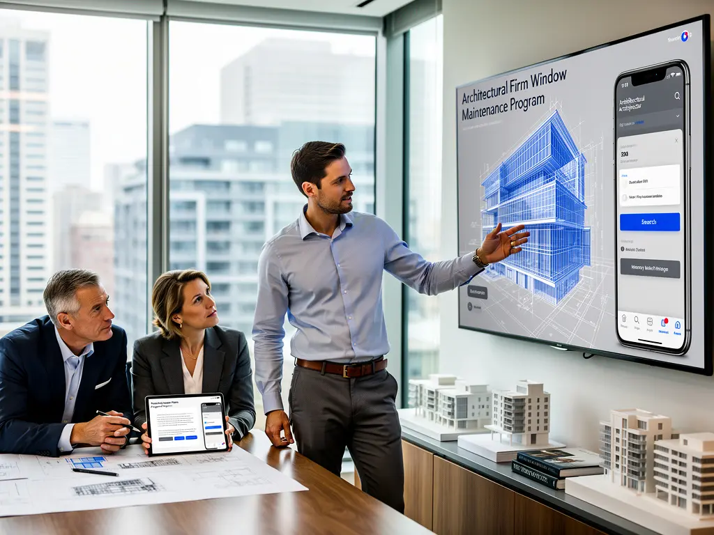 Architectural team presenting comprehensive building maintenance solutions to commercial client